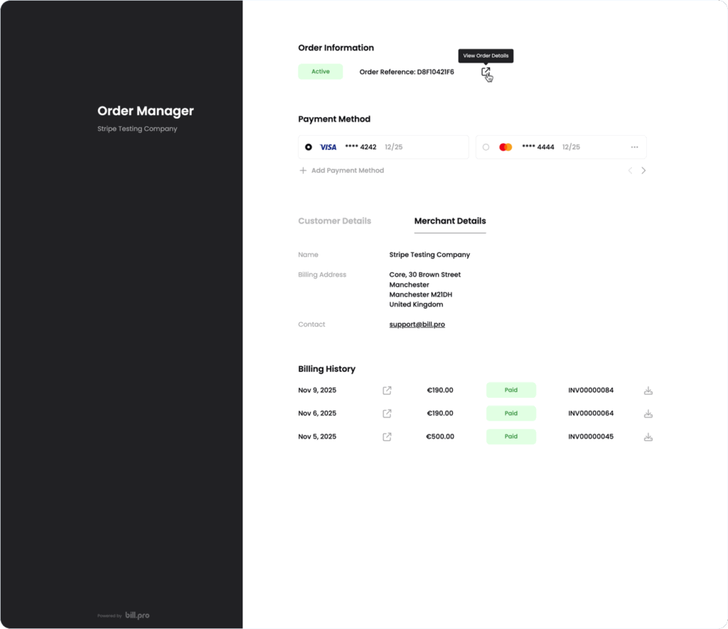 BillPro order manager screen