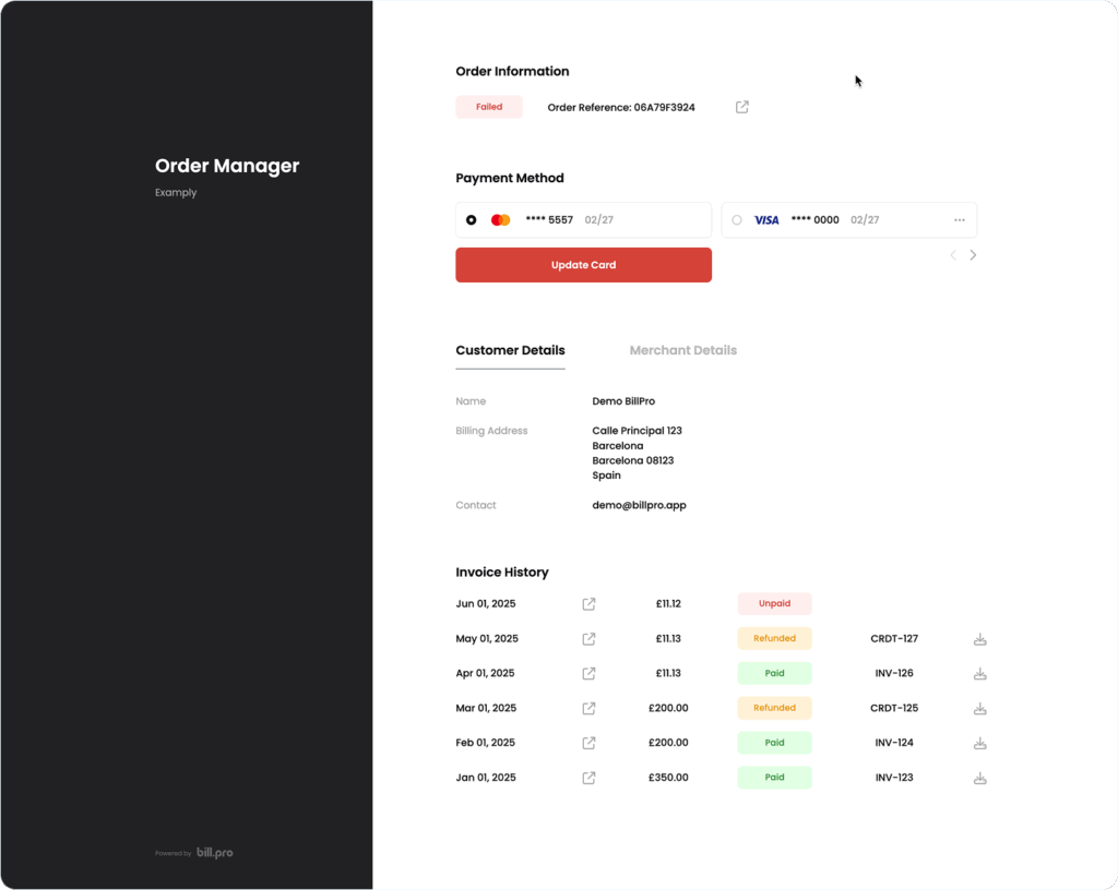 BillPro customer order portal invoice history view