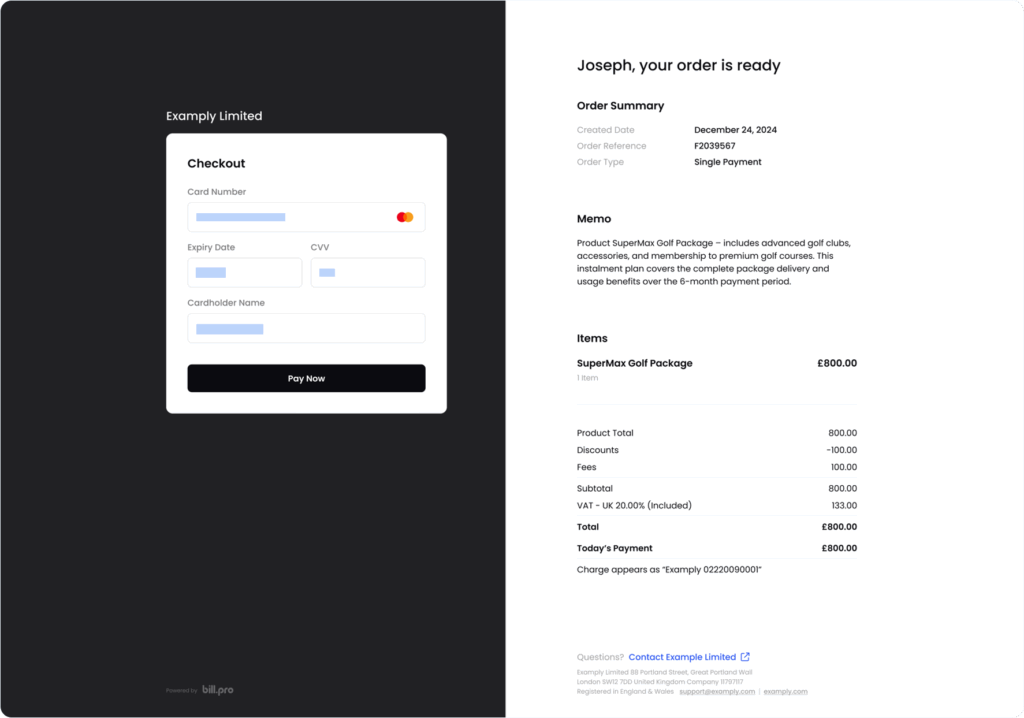 BillPro customer order portal screen for single payment