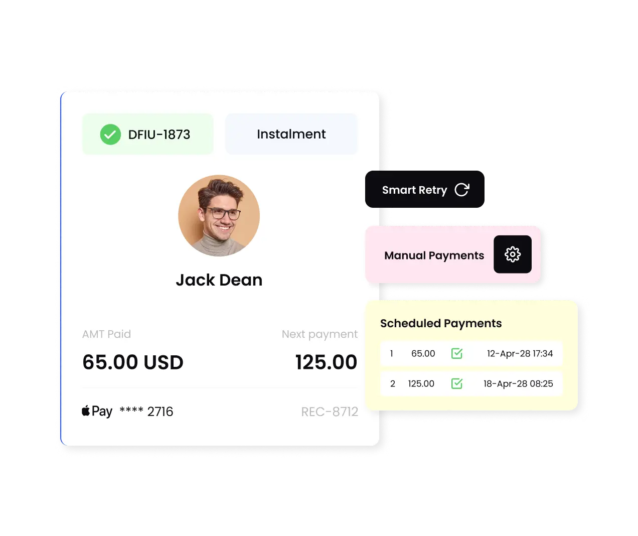 Dashboard interface showcasing BillPro's manual and automated payment features, including a customer profile with scheduled payments and smart retry options.