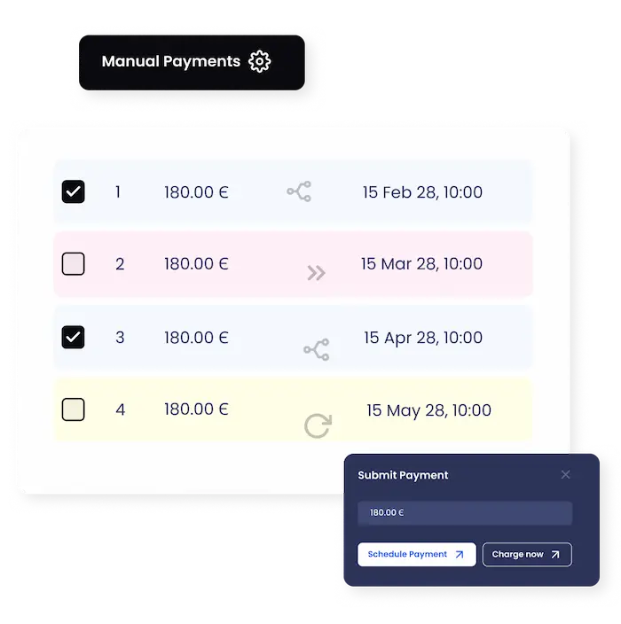 BillPro’s manual payments management interface showcasing customizable options for scheduling or charging payments, ensuring total control over payment processes.
