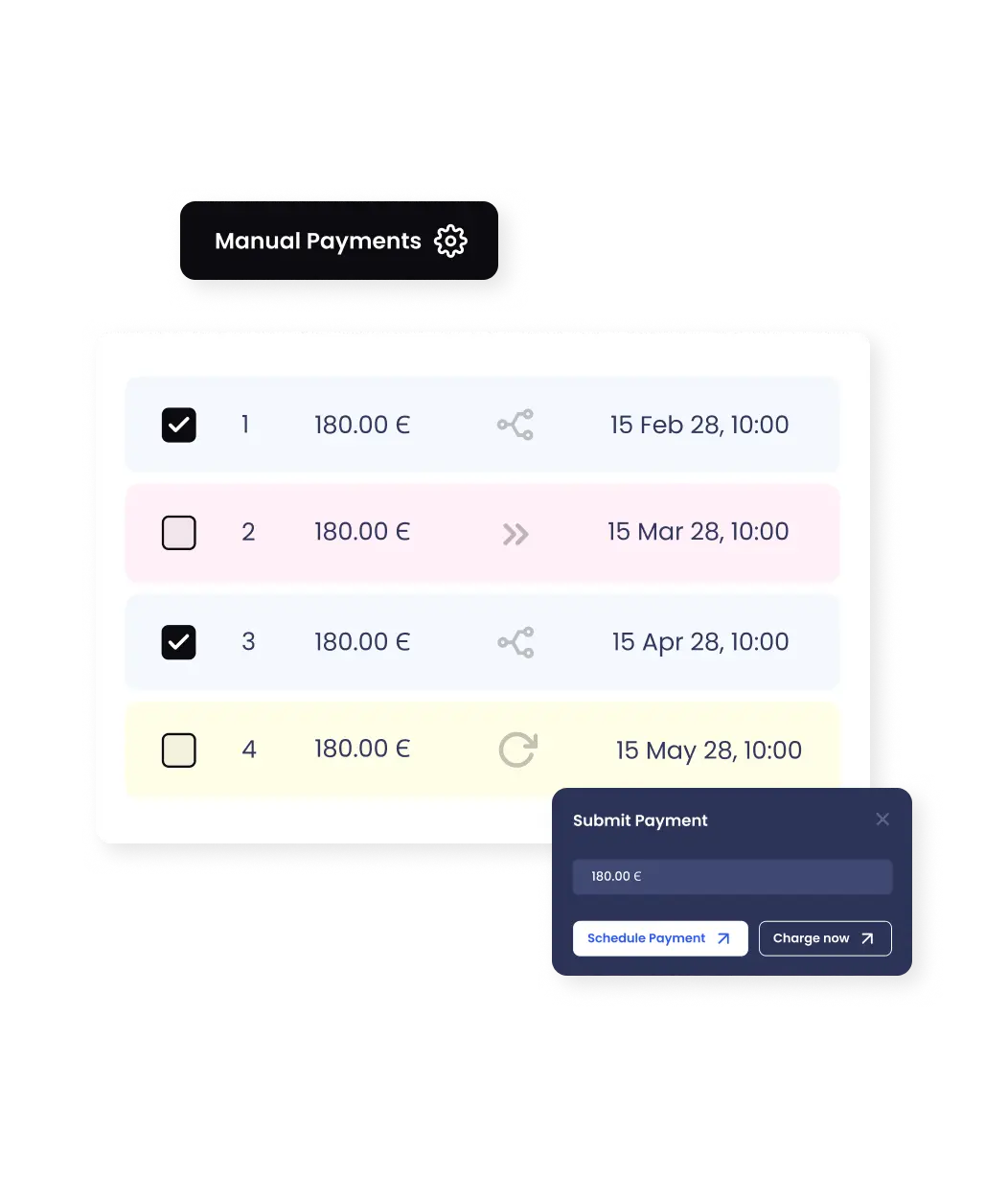 BillPro’s manual payments management interface showcasing customizable options for scheduling or charging payments, ensuring total control over payment processes.