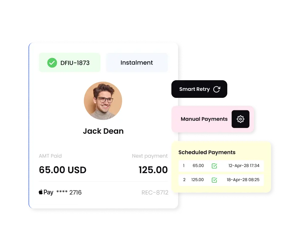 Dashboard interface showcasing BillPro's manual and automated payment features, including a customer profile with scheduled payments and smart retry options.